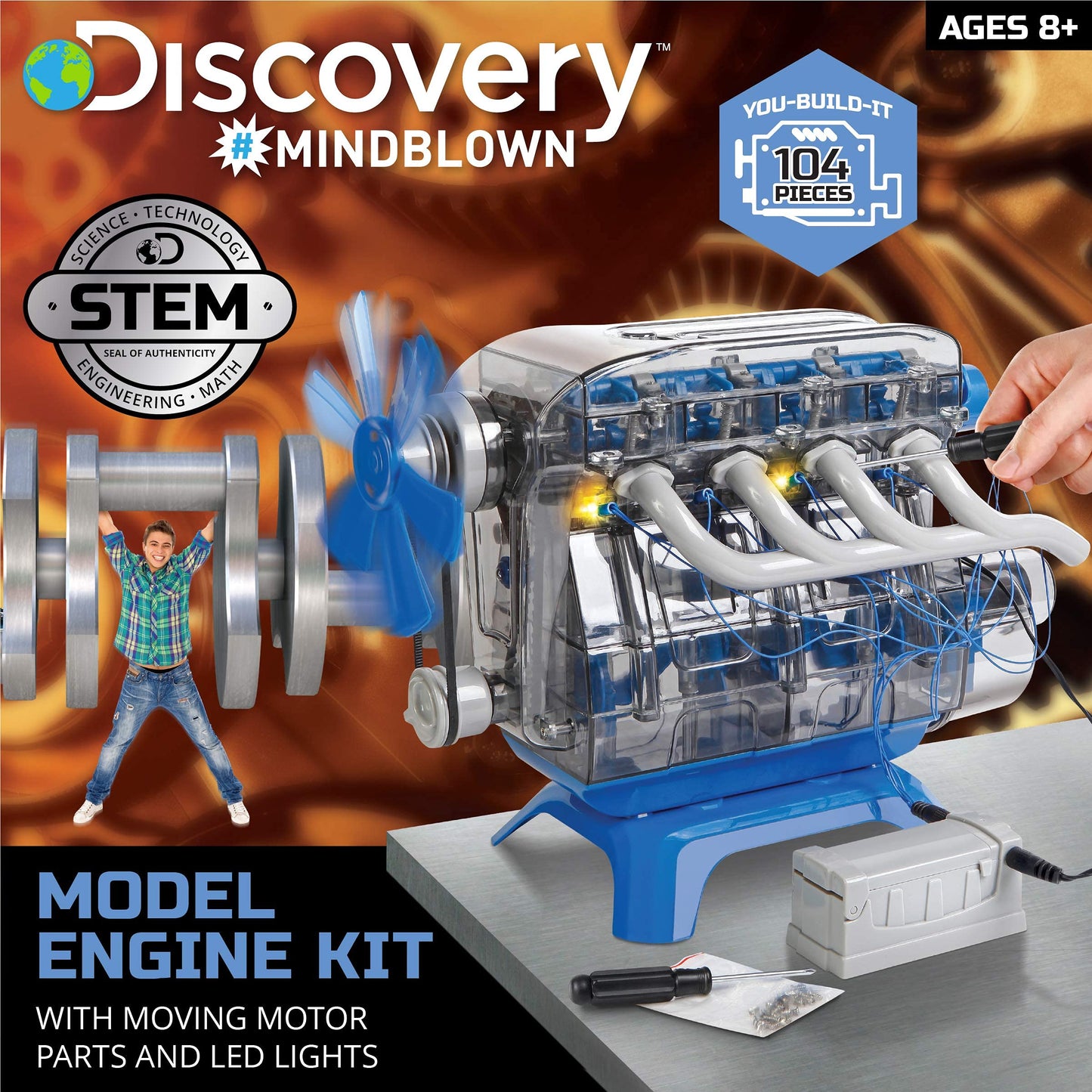 Discovery Model Engine Building Kit, DIY 4-Cylinder Combustion Engine, Working Pistons Fan Valves Belts LED Lights, STEM Mechanic Engineering Construction Experiment Set, Kids & Adults Gift