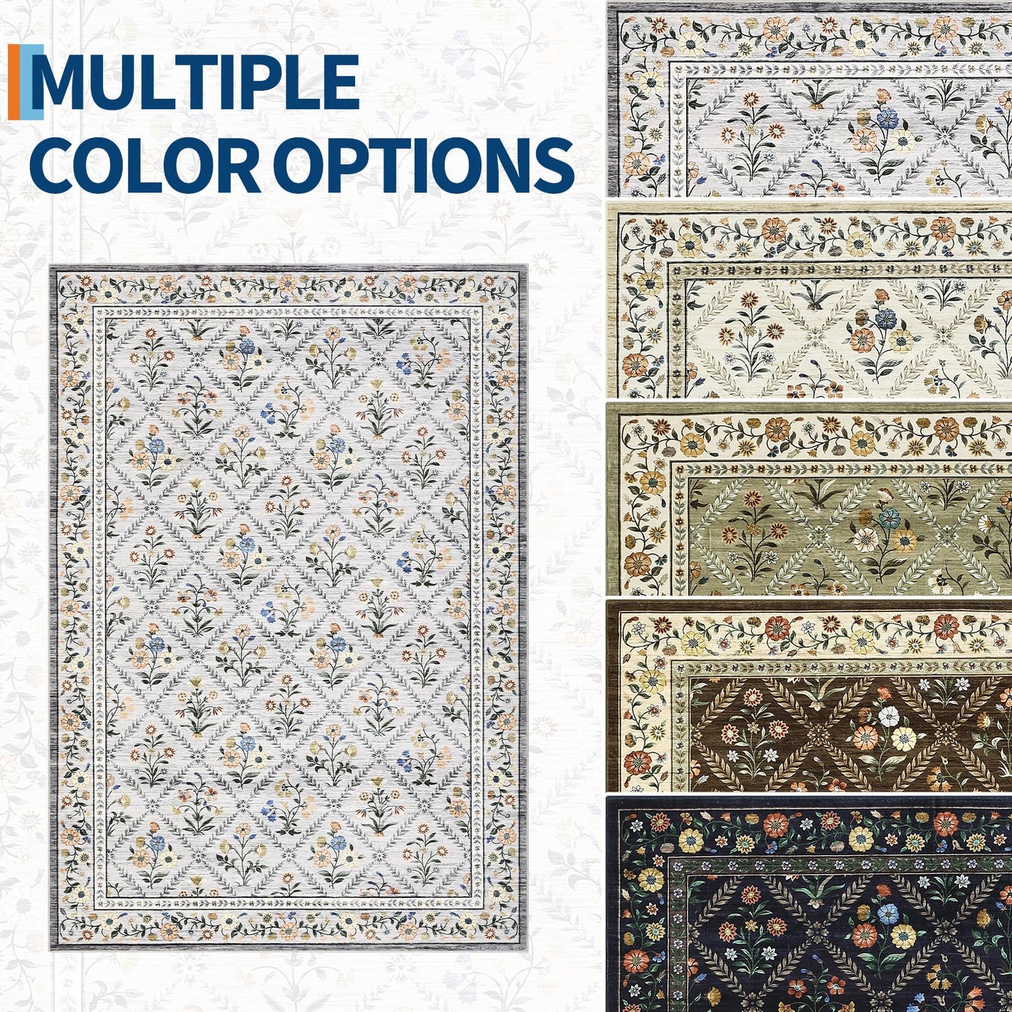 GarveeHome Living Room Rug 5x7 Rug Machine Washable Stain Resistant Area Rug Non Slip Floral Vintage Low Pile Rugs for Living Room, Bedroom, Farmhouse, Dining Room, Kids PlayroomGrey Beige