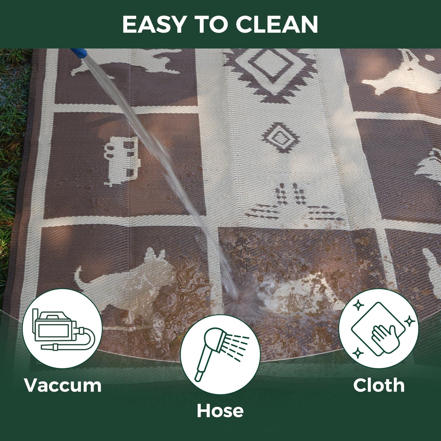 FXW Camping Rug, 6' x 9' Large Waterproof Portable RV Mat, Easy-to-Clean Straw Plastic Mat for Outdoor, Patio, Backyard, Deck, Picnic, Beach, Trailer, Brown & Beige