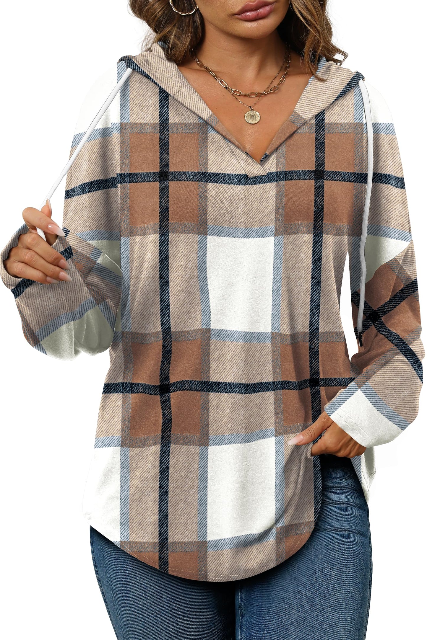 Bofell Halloween Sweatshirt Womens Long Sleeve Shirts Pullover Tops Oversized Hoodie Fall Outfits Brown Plaid S