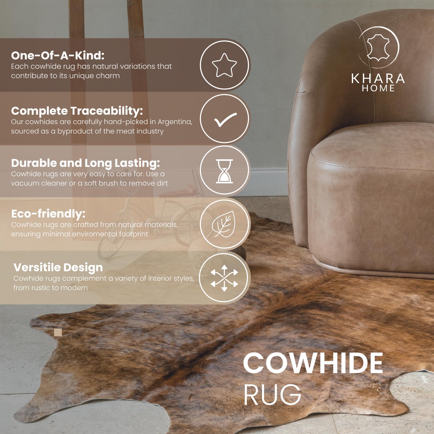 Khara Home Premium 100% Genuine Cowhide Rug Large 5x7 Ft Leather Area Rug for Living Room, Cozy, Unique, and Durable, Western Home Decor β from Argentina (Black, 5 x 7)