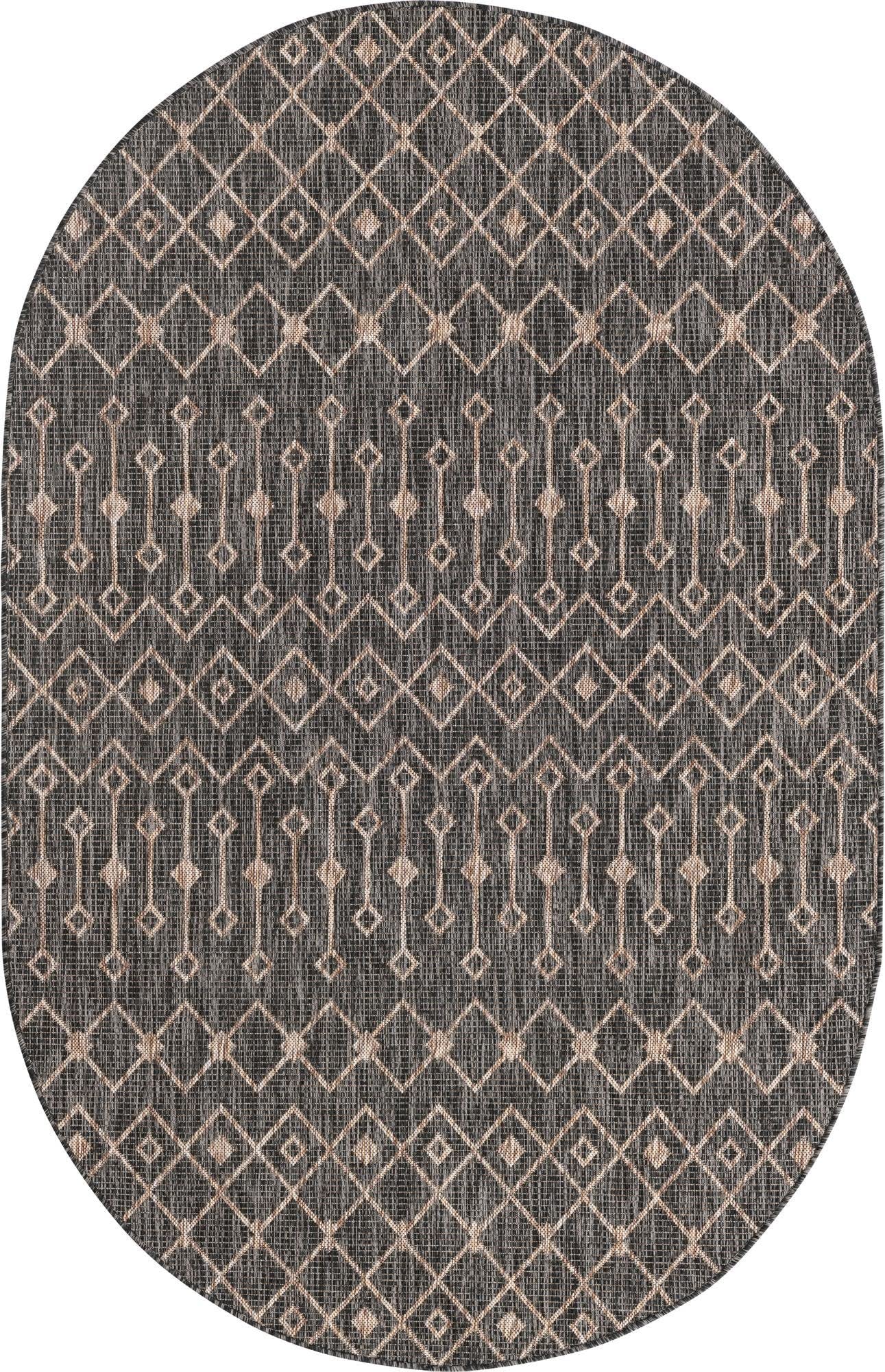 Unique Loom Outdoor Trellis Collection Area Rug - Tribal Trellis (5' 3" x 8' Oval, Charcoal Gray/ Natural)