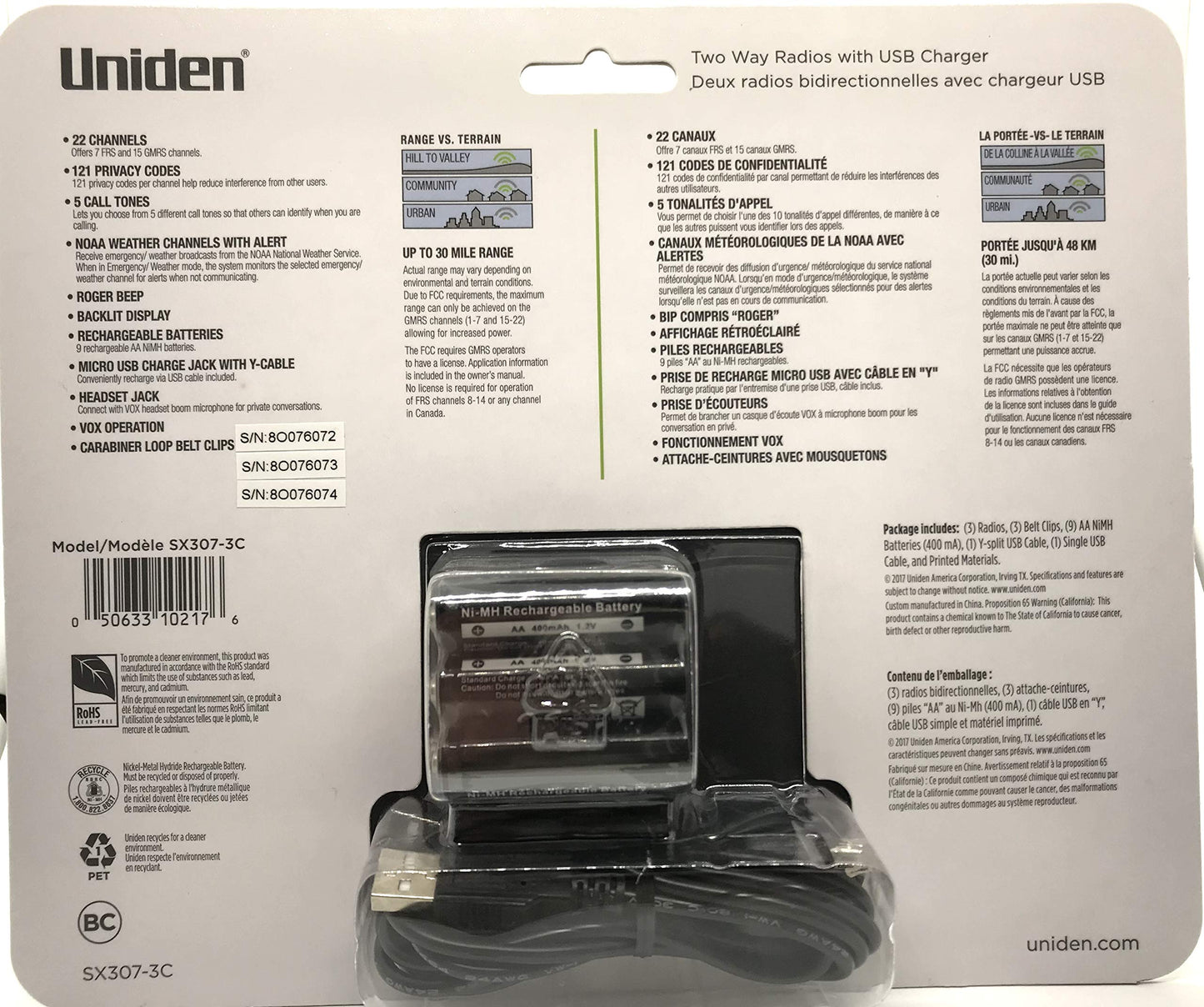 Uniden SX307-3C FRS 3-Pack, Up to 30-Mile Range, Walkie Talkies, 22-Channel FRS 2-Way Radios - Black
