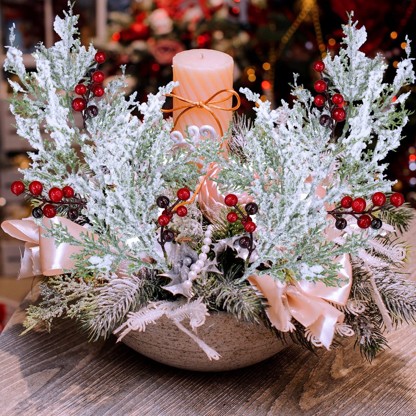 Winlyn 6 Pcs Snowy Artificial Cedar Picks with Red Berries Frosted Faux Cedar Sprays Christmas Cedar Greenery Branches Stems for Christmas Tree Wreath Floral Arrangement Vase Winter Holiday Décor