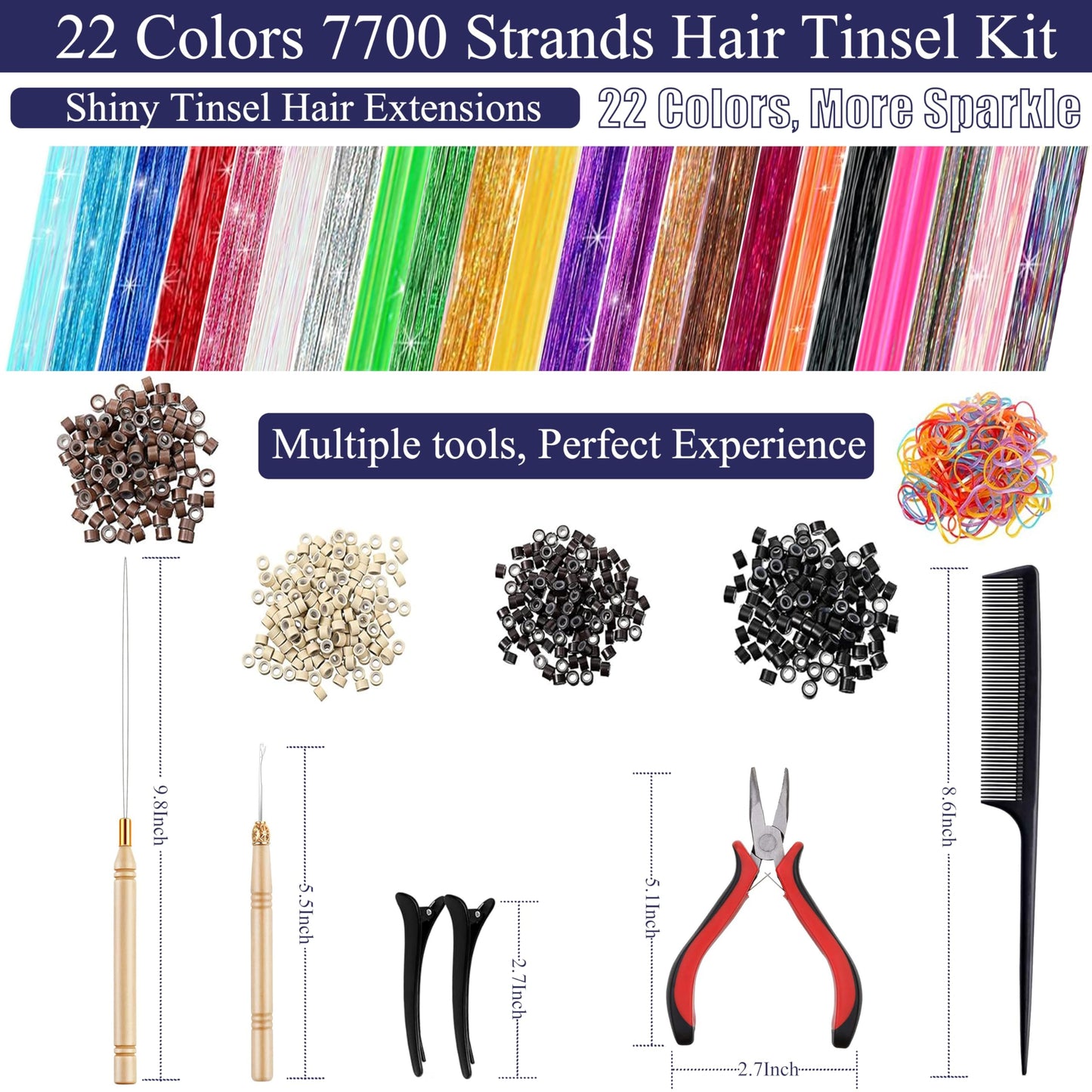 CHENZI 22 Colors 7700 Strands Hair Tinsel Kit, 48 Inch Glitter Tinsel Hair Extensions for July Fourth Christmas New Year Halloween Cosplay, Heat Resistant Fairy Hair Accessories for Girls, Kids, Women