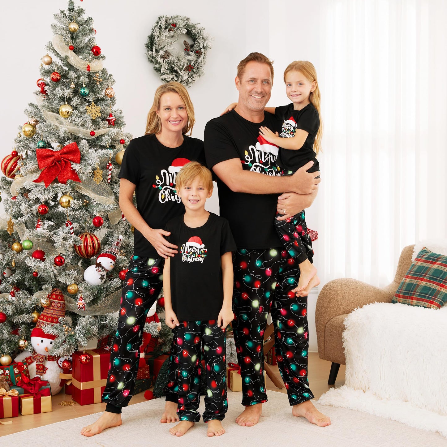 IFFEI Christmas Pajamas for Family Letter Print Matching Holiday PJ's Sets with Short Sleeve Tee and Pants Loungewear Men M Black Red