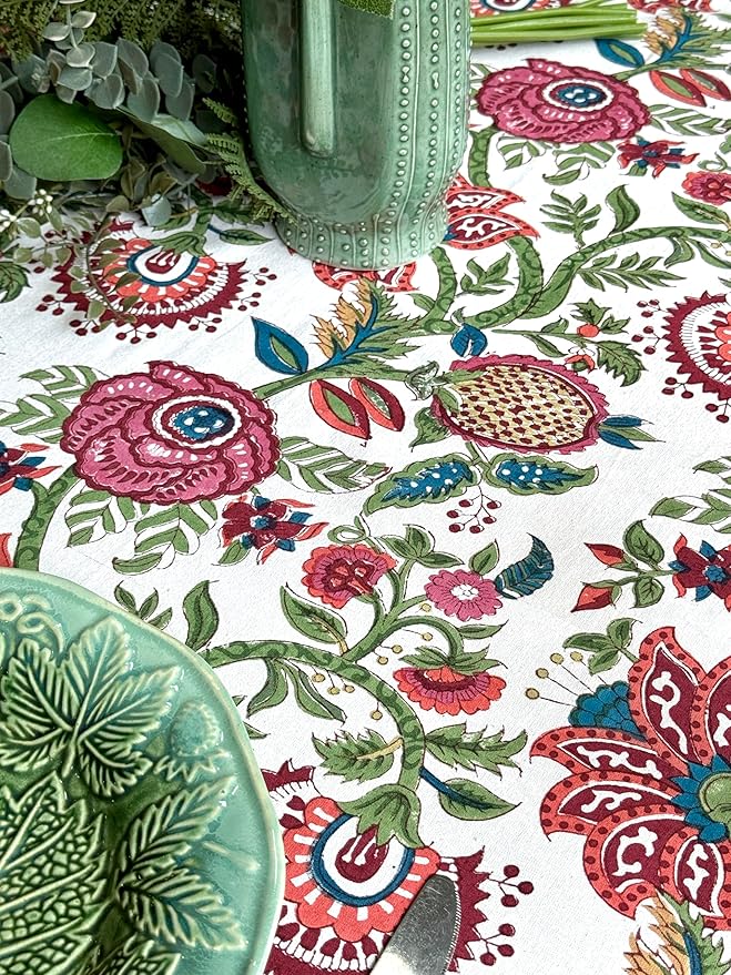 ATOSII Ruby 100% Cotton Rectangle Summer Tablecloth, Block Print Floral Table Cloth for Dining Table, Parties, Weddings, Outdoors Grand Millenial Decor I 60 X 90 Inches I 6 Seater I