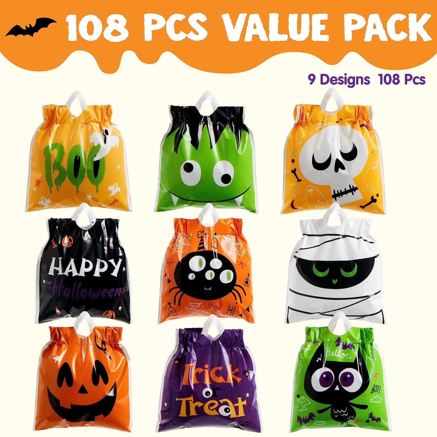 JOYIN 108 PCS Halloween Drawstring Treat Bags with 9 Character Designs, Mini Halloween Goodie Candy Bags, Plastic Gift Bag Bulk for Kids Boys Girls Trick or Treating, Party Favor Supplies