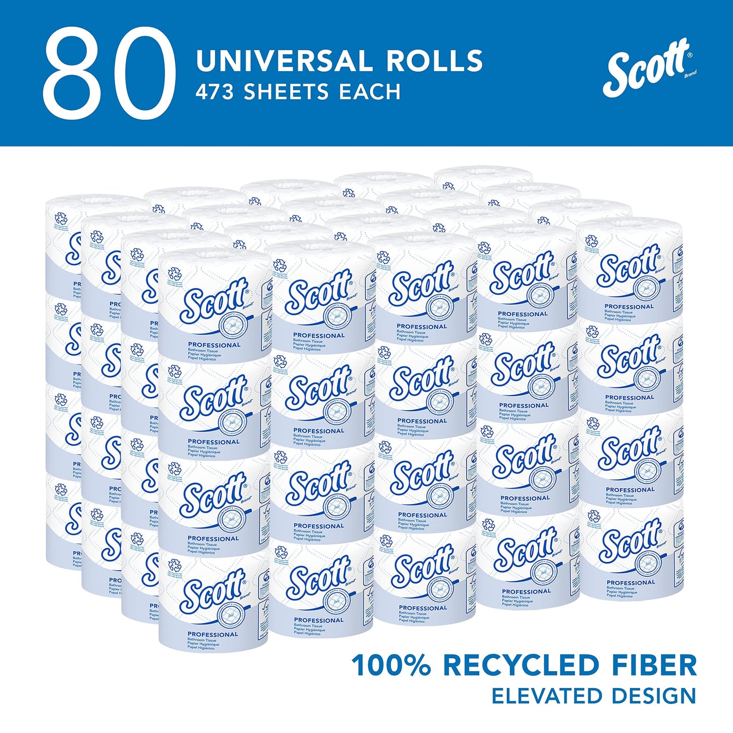 Scott Professional 100% Recycled Fiber Standard Roll Bulk Toilet Paper (13217), 2-Ply, Elevated Design, White, Individually Wrapped (80 Rolls of 473 Sheets, 37,840 Sheet Total)