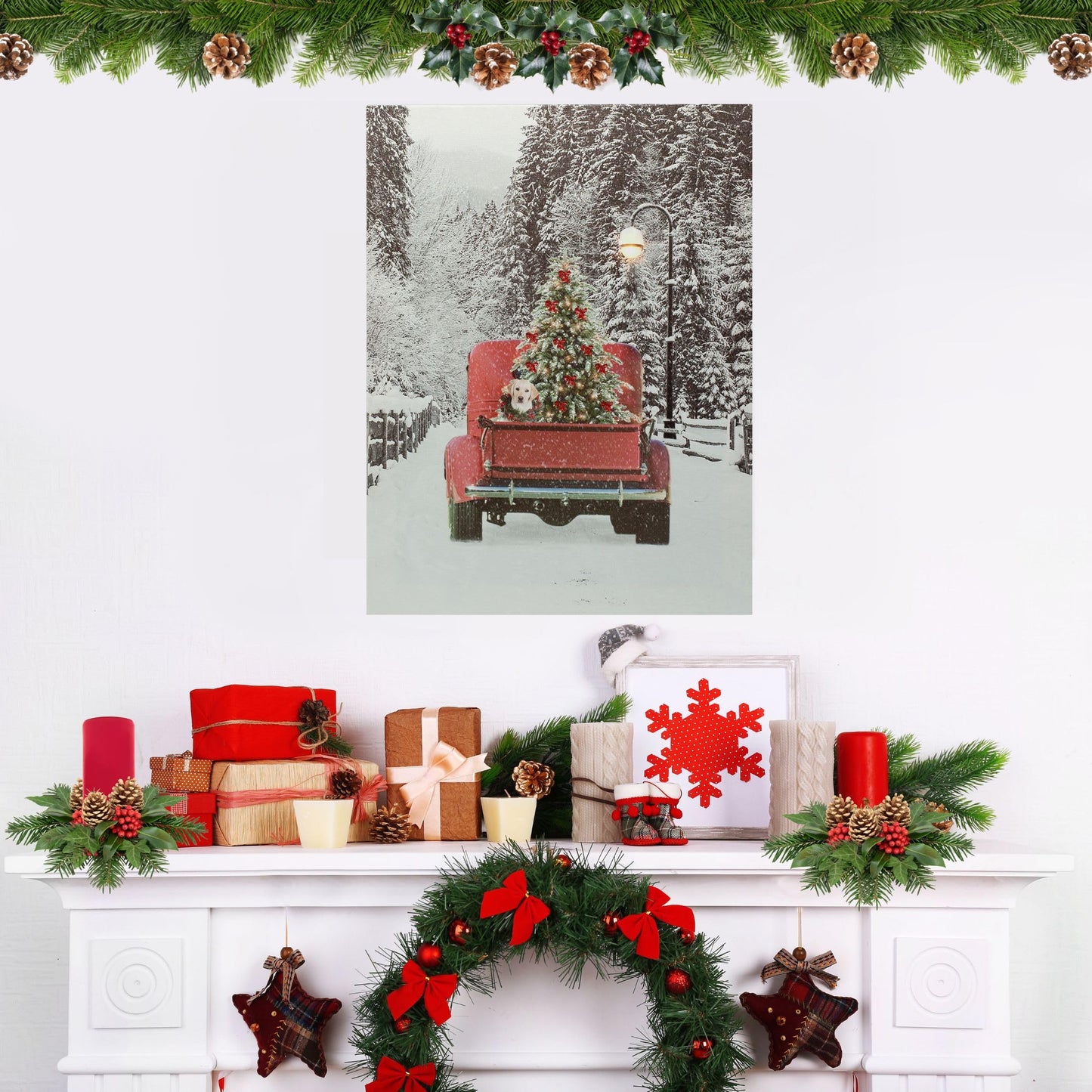 LED Wall Art - Lighted Red Pick-Up Truck Canvas Print - Light Up Picture with Winter Scene - Vintage Red Pickup Truck Carrying a Christmas Tree - Measures 15.75" X 11.75"