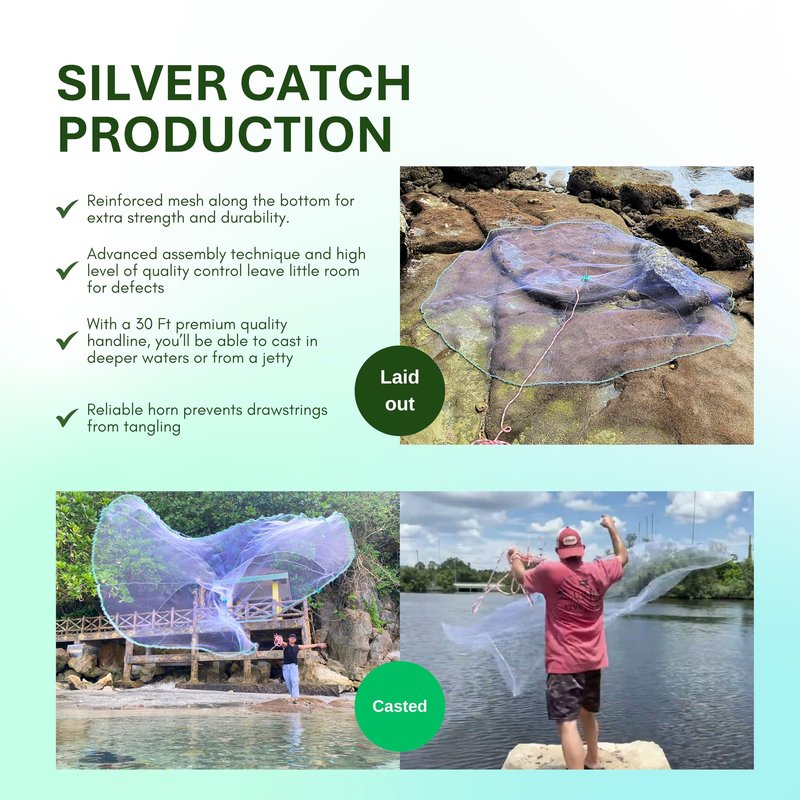 Silver Catch Cast Nets 5ft Radius|1/2 Inch Mesh for Fishing with Chain Bottom, Salt Water Casting Fishing Net Gear, Easy Throw Nets Fishing Bait in 4.5ft-10ft Radius|3/8",1/2",1" Mesh - Elite Series