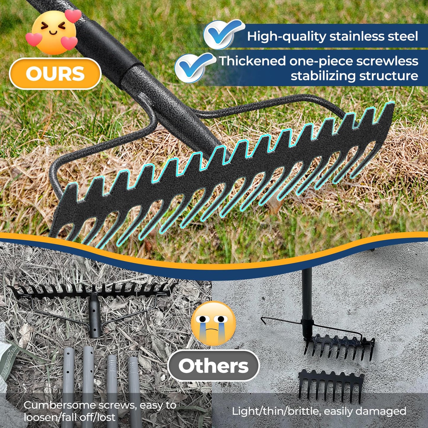 49" Rake - 17" Extra Wide Garden Tool with Double-Sided Head, Heavy Duty Lightweight Stainless Steel Construction for Mulching & Debris Removal, Leveling Lawn, Loosening Soil, Leaf Cleanup, Soil Prep