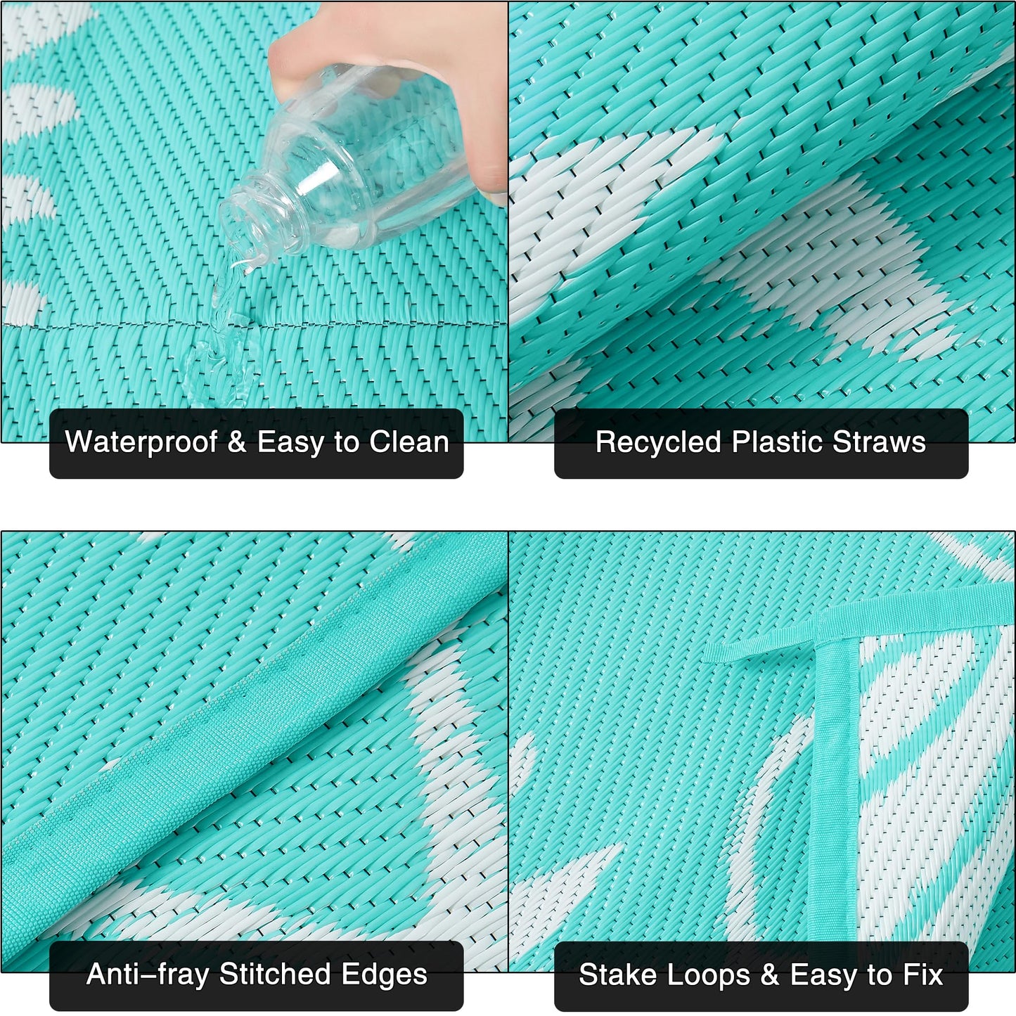 PureCozy Outdoor Plastic Straw Rug Leaf Waterproof Teal Blue Outside Patio 6x9 Carpet Tropical Reversible Mat Washable Large for Camping RV Porch Deck Balcony Beach