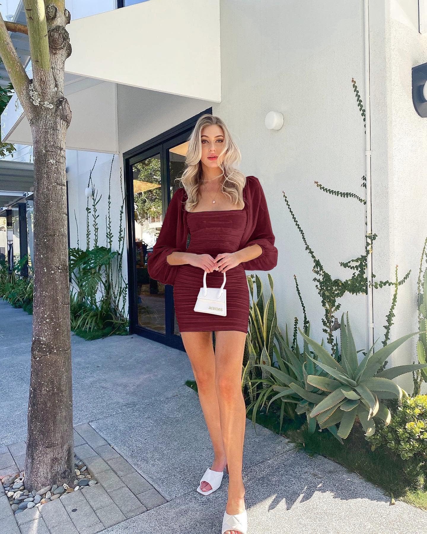 Ofenbuy Women's Mesh Long Sleeve Dress Square Neck Ruched Mini Bodycon Dress Stretch Party Cocktail Dresses Wine Red