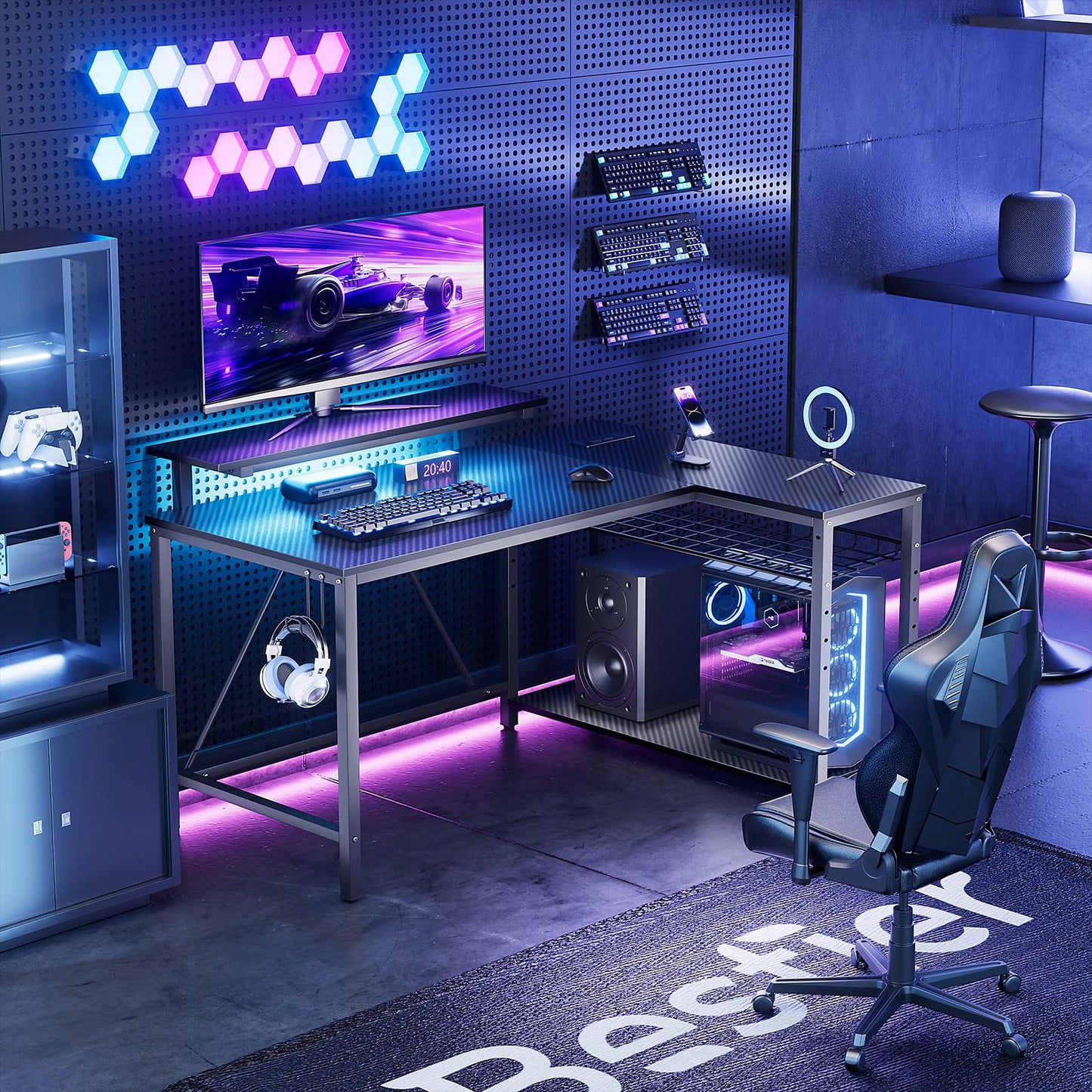 Bestier Gaming Desk with Power Outlets, 42" L-Shaped Computer Desk with LED Lights, Desk with Reversible Storage Shelves & Hooks for Small Spaces, Bedrooms & Offices, Black Carbon Fiber