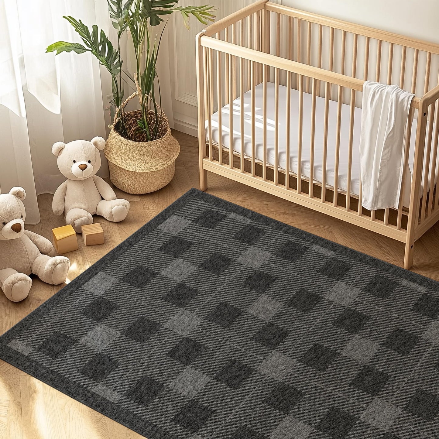 Washable 5x7 Checkered Rug for Living Room, Black Grey Checkerboard Modern Minimalist Large Foldable Area Rugs, Ultrathin Low Pile Soft Nonslip Indoor Carpet for Office Bedroom Playroom Classroom Dorm