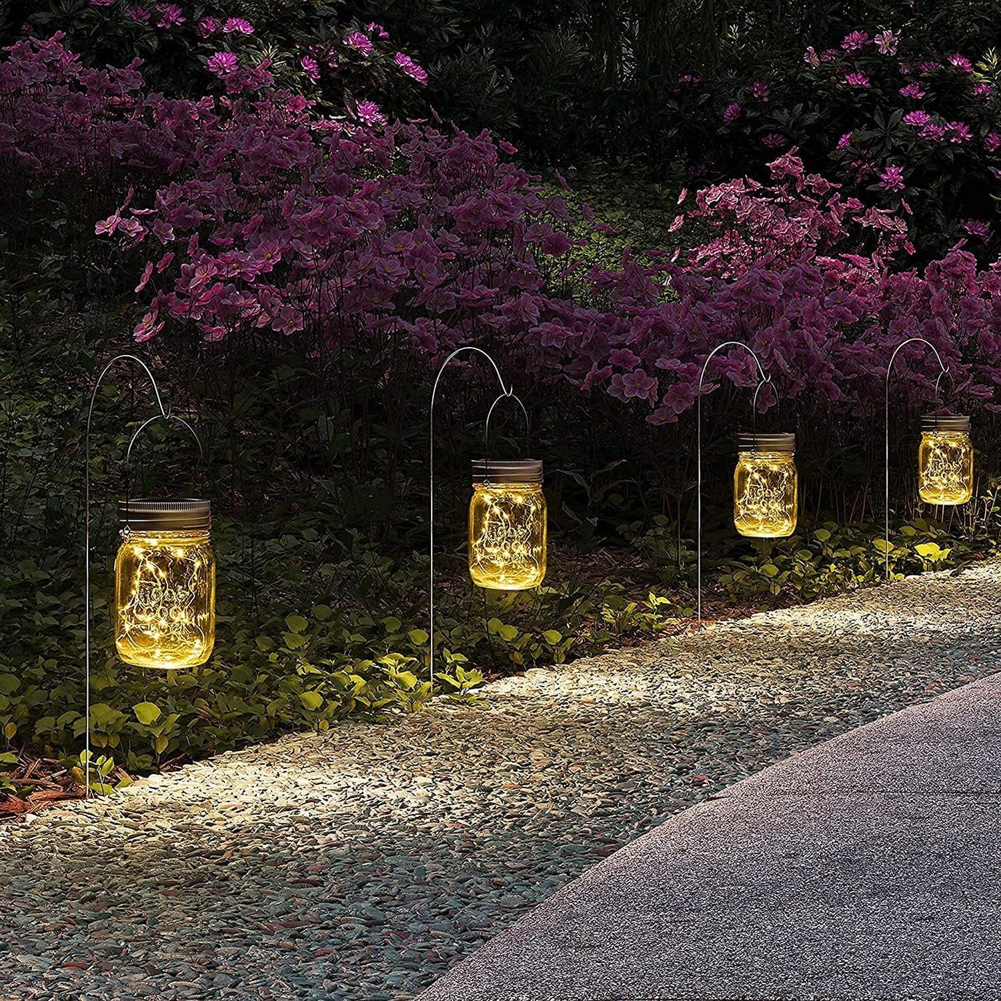 GIGALUMI Hanging Solar Mason Jar Lights, 6 Pack 30 Led Solar Lanterns Outdoor Hanging Lanterns, 6 Hangers and Jars Included. Great Outdoor Lawn Decorate for Patio Garden, Yard and Lawn