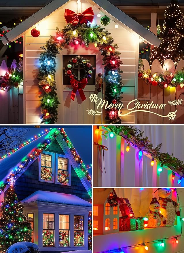 Vintage C9 LED Christmas Lights Outdoor, 200 Feet String With 100 Shatterproof Bulbs, Waterproof Connectable Tree Lights for Outside Roofline Patio Xmas Decorations, Multicolor