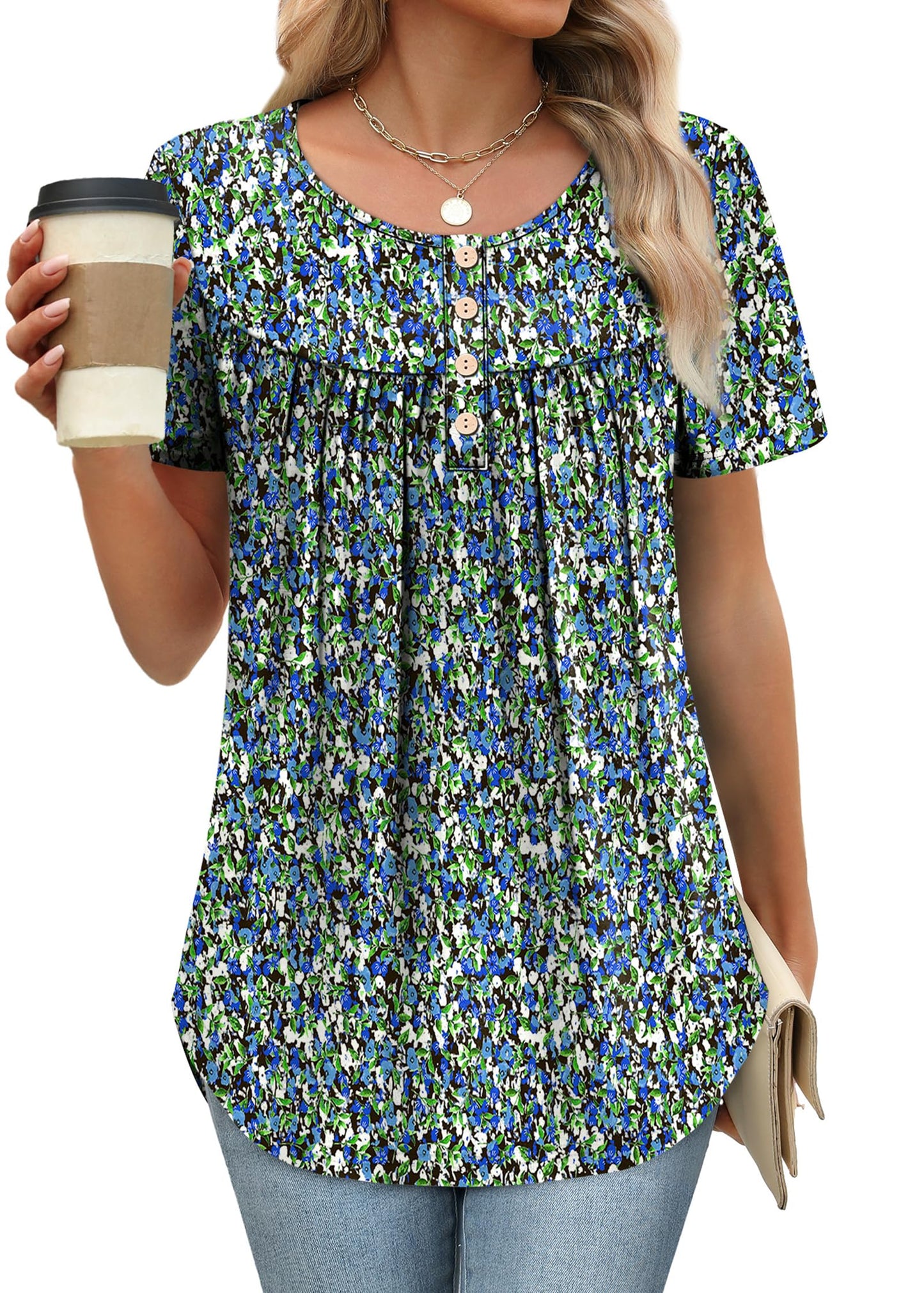 WIHOLL Plus Size Tops for Women Dressy Summer Outfits Button Down Shirts Short Sleeve Spring Clothes Graphic Tees Floral Blue 2XL
