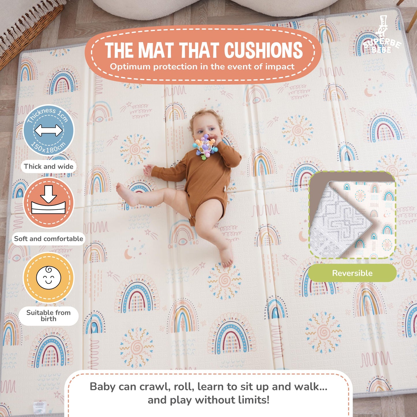 Baby Play Mat 150x180x1cm - Tummy Time Mat - XXL Large Size Baby Play Gym - Foldable Play Mat - Waterproof Foam Baby Play Mat Floor Mat For Kids Toddlers Children - Baby Mats For Floor Play