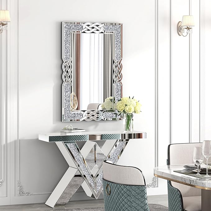 ENENE Crystal Crush Diamond Wall Mirror 39.5''x 27.5'' Rectangle Silver Mirrors for Wall Decorative Large Wall Mirrors for Bathroom Living Room Bedroom Entryway
