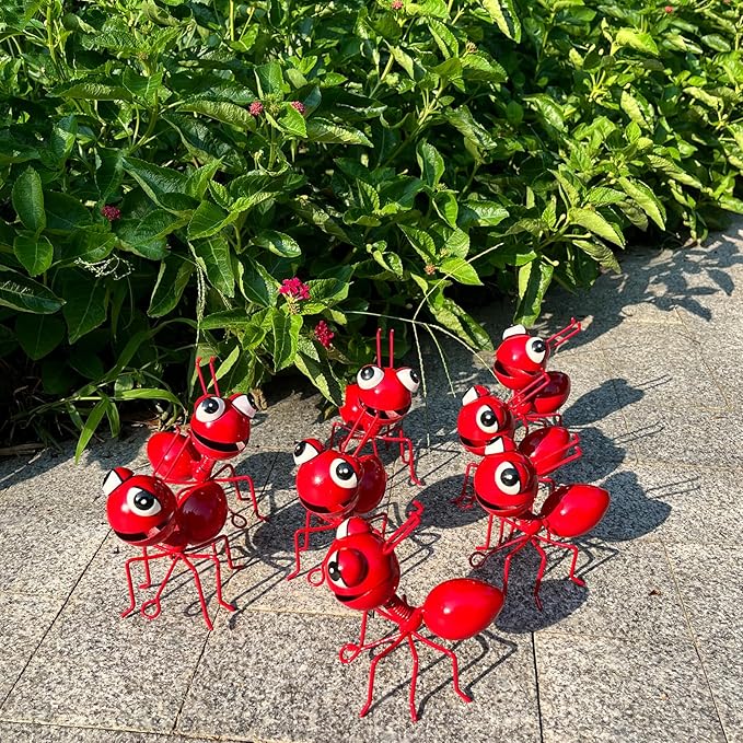 Metal Yard Art Garden Decor for Outside Cute Ants Yard Decorations Outdoor Lawn Ornaments Backyard Gifts for Mom - Set of 8(All Red)