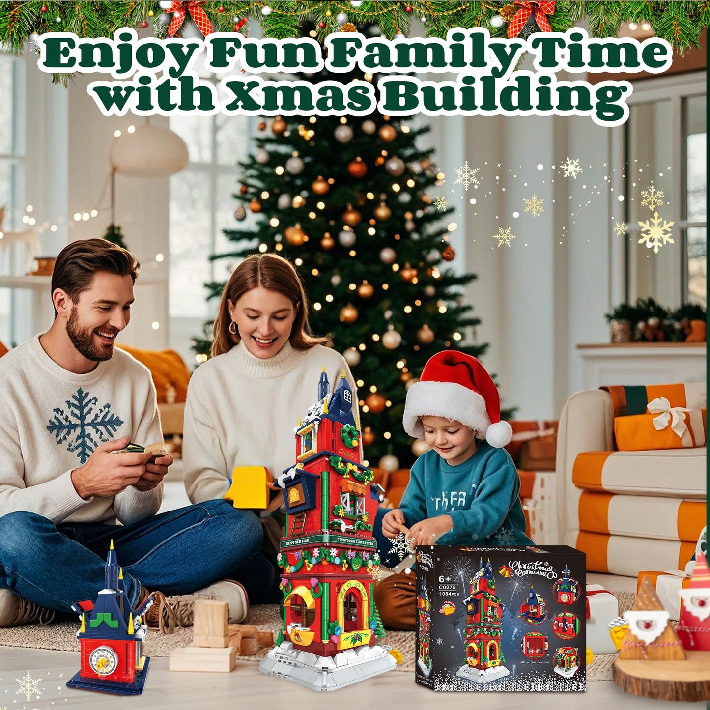 Christmas Countdown Tower House Building Toys - LED Light Christmas Village House Building Set with Countdown Clock, Festival Model Gift Idea for Kids 6+