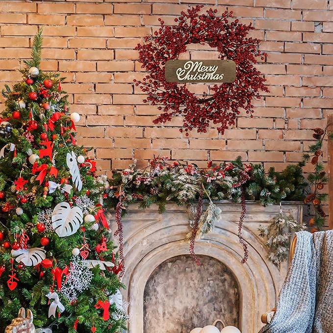 YNYLCHMX 20 Inch Christmas Wreath for Front Door, Winter Wreath with Welcome Sign Red Berries, Artificial Door Xmas Wreaths for Window Wall Fireplace Farmhouse Holiday Party Decoration
