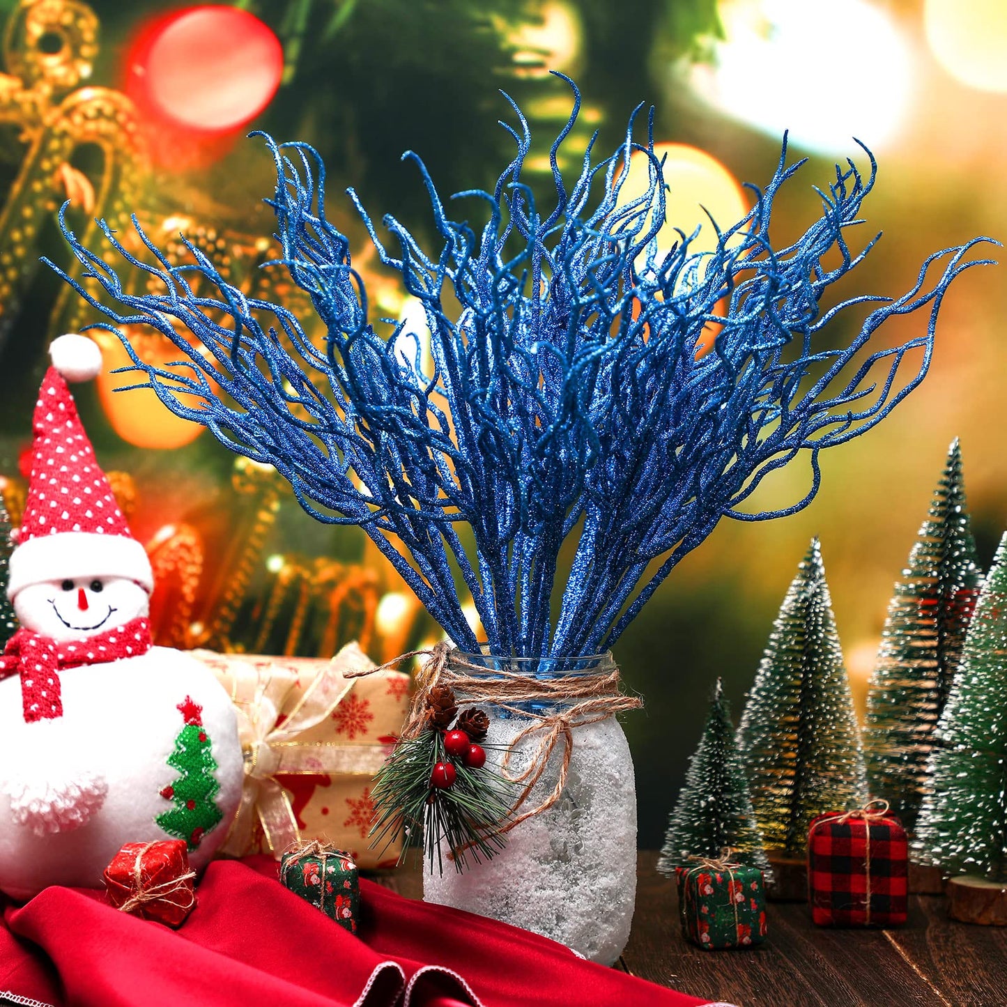 Jutom 30 Pcs Glitter Christmas Tree Pick 13.7 x 2.7 Inch Curly Tall Tree Filler Branches Sprigs and Twigs Decorations for Christmas Vase Xmas Gift Wedding Decoration(Blue)