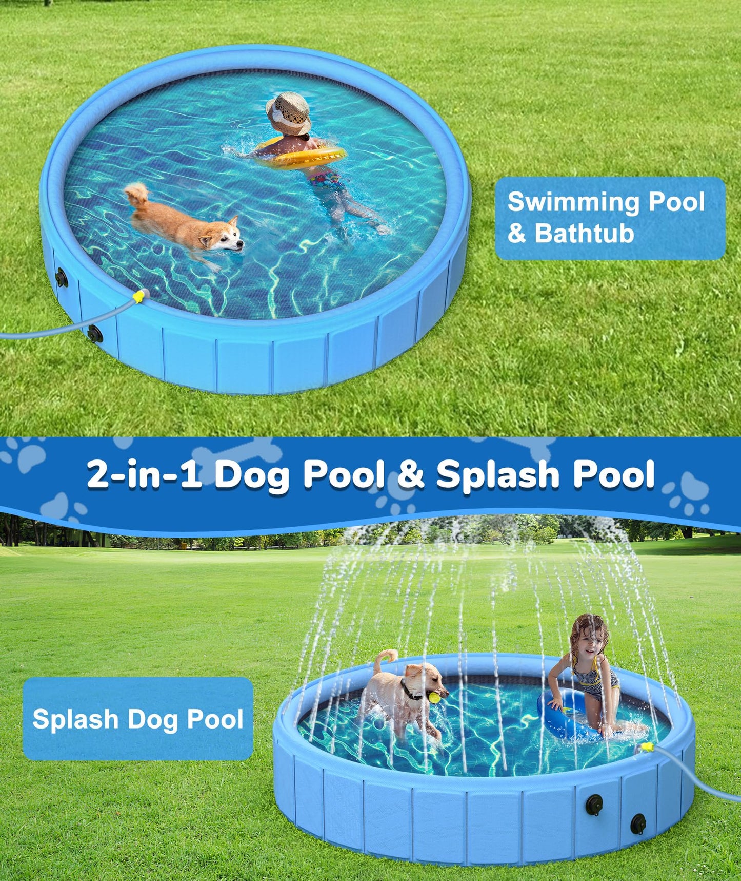 EPN Large Foldable Dog Pool – 0.55MM PVC 2-in-1 Portable Bathtub & Sprinkler for Dogs, Cats, Kids – Heavy Duty, Non-Slip, Summer Water Toy (79")