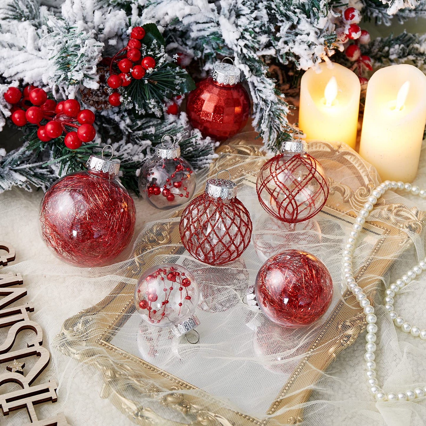 CristBest 30ct Christmas Ball Ornaments-60mm/2.36" Shatterproof Clear Plastic Xmas Balls Baubles Set with Stuffed Delicate Sparkling, Hanging Christmas Tree Decorations (Red)