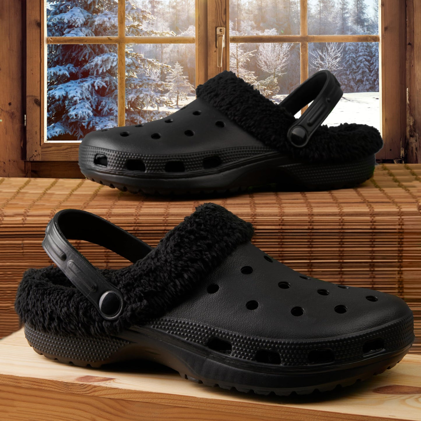 CityComfort Men's Teens Clogs Winter Classic Fleece Lined House Shoes - Warm Garden Shoes Slip On with Strap (Black, 9 UK)