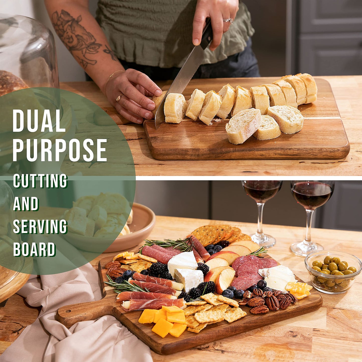 Acacia Wood Cutting Board and Chopping Board with Handle for Meat, Cheese Board, Vegetables, Bread, and Charcuterie - Decorative Wooden Serving Board for Kitchen and Dining Room, Large 17" x 13"