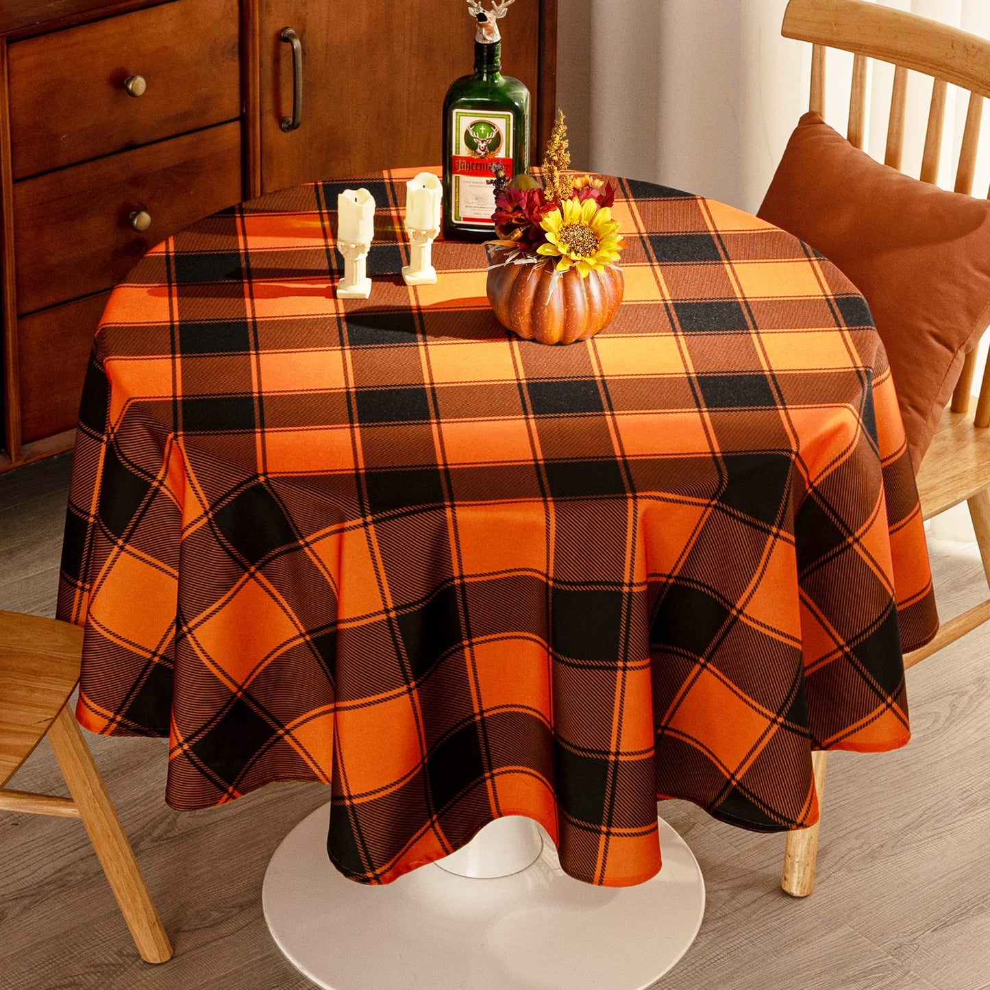 MikiUp Checkered Round Halloween Tablecloth - Waterproof, Wrinkle Resistant and Washable Gingham Table Cloth Decorative Table Cover for Party, Orange/Black 60 Inch