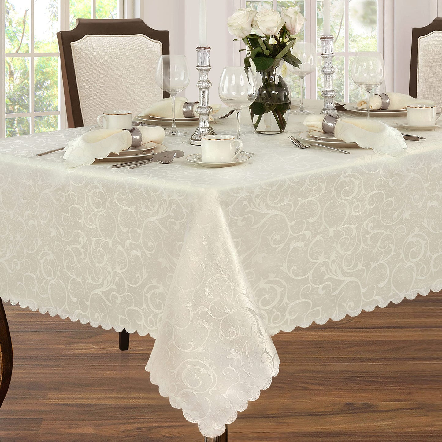 Newbridge Christmas Holiday Portofino Scalloped Damask Fabric Tablecloth, 60 x 144 Inch Rectangle, Ivory, Wrinkle and Stain Resistant Fine Dining Holiday Party Table Cover