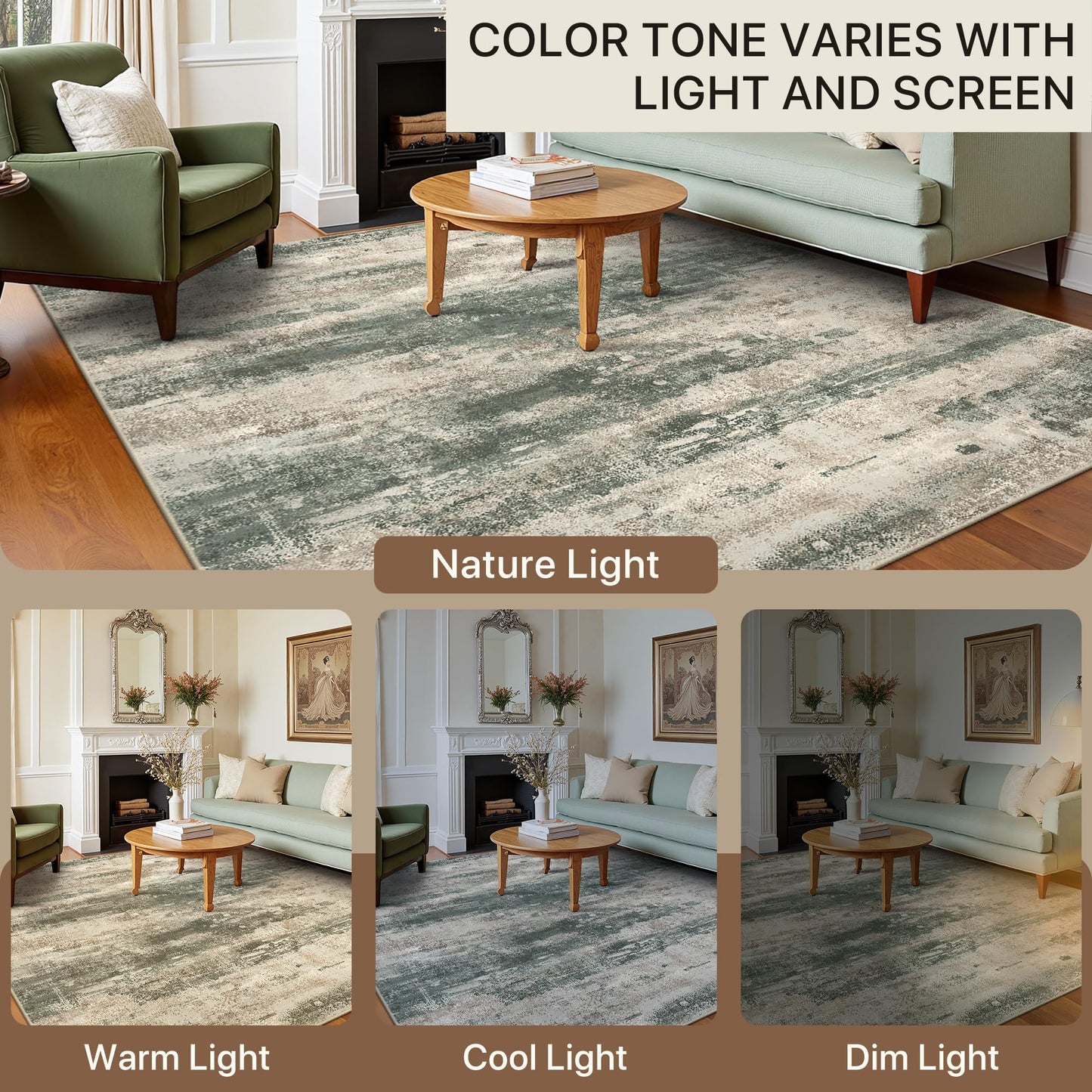 BEIMO Reversible 6x9 Area Rugs for Living Room, Modern Abstract Dual-Sided Carpet, Machine Washable Soft Low Pile Rug for Bedroom Dining Room, Includes Non-Slip Rug Pad, Green & Grey