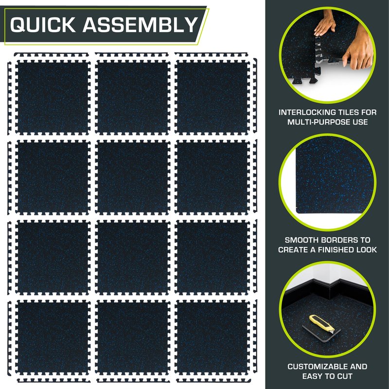 ProsourceFit Rubber Top Exercise Puzzle Mat ½-inch, EVA Foam, Protective Interlocking Tiles for Home Gym Equipment and Workouts; Blue, 48 SQ FT, 12 Tiles