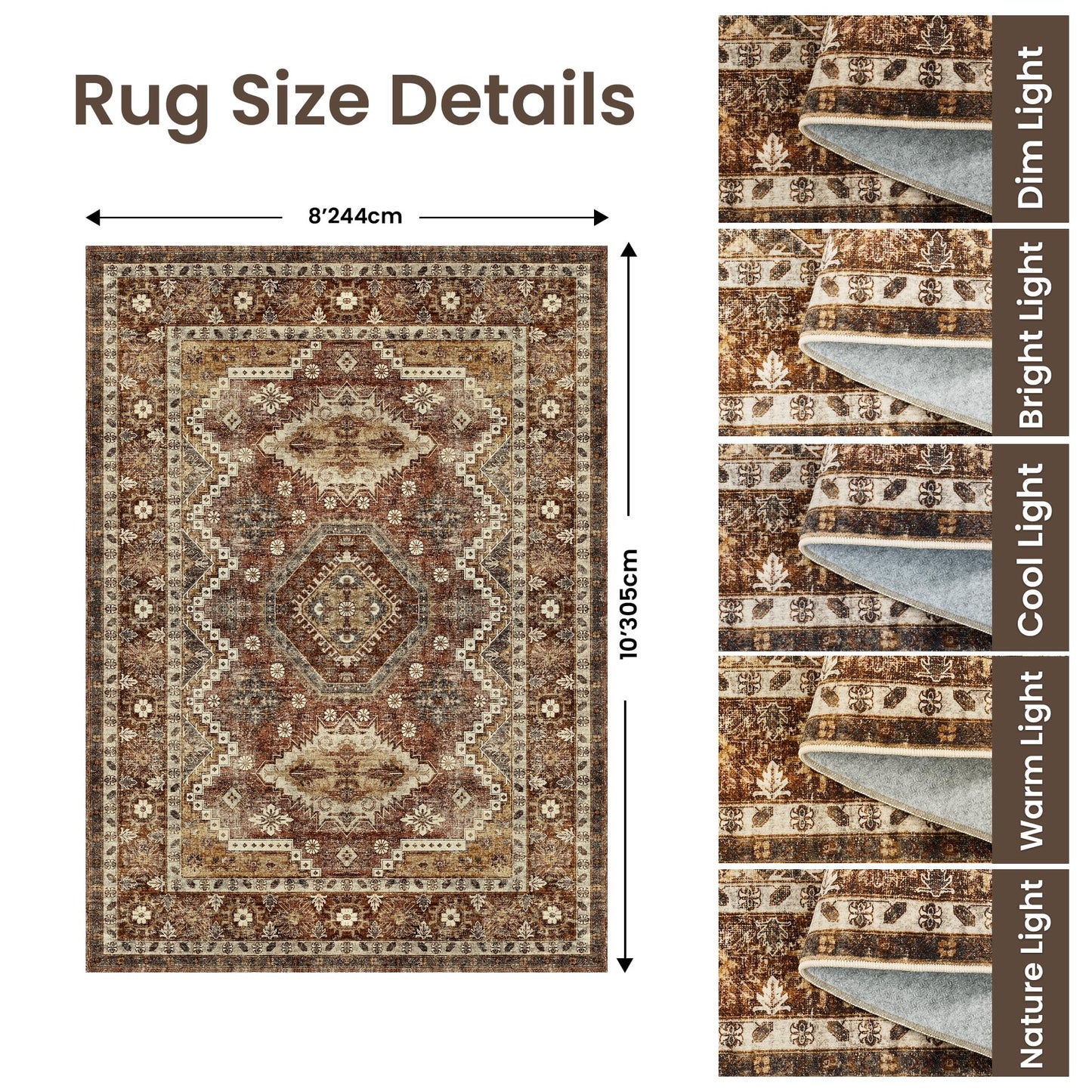 Rugland 8x10 Area Rugs - Stain Resistant Washable Rug, Anti Slip Backing Rugs for Living Room, Vintage Tribal Area Rugs (TPR07-Rust, 8'x10')