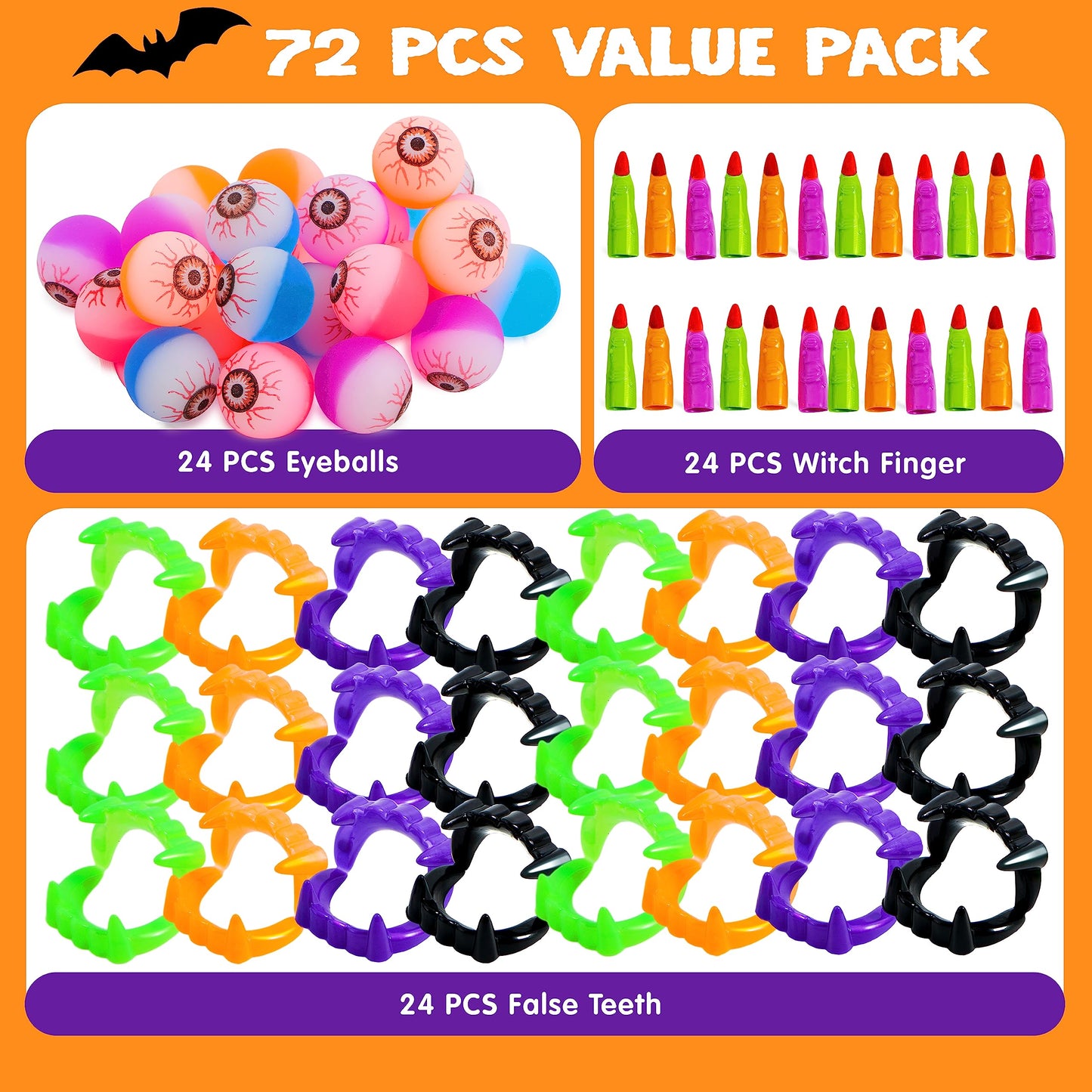 JOYIN 72 PCS Halloween Party Favors Game Toy Gifts-Scary Eyeballs, Witch Fingers and Vampire Teeth Set for Kids Child Trick or Treat Party Supplies, Gift Exchange, Halloween Carnival Game Prizes