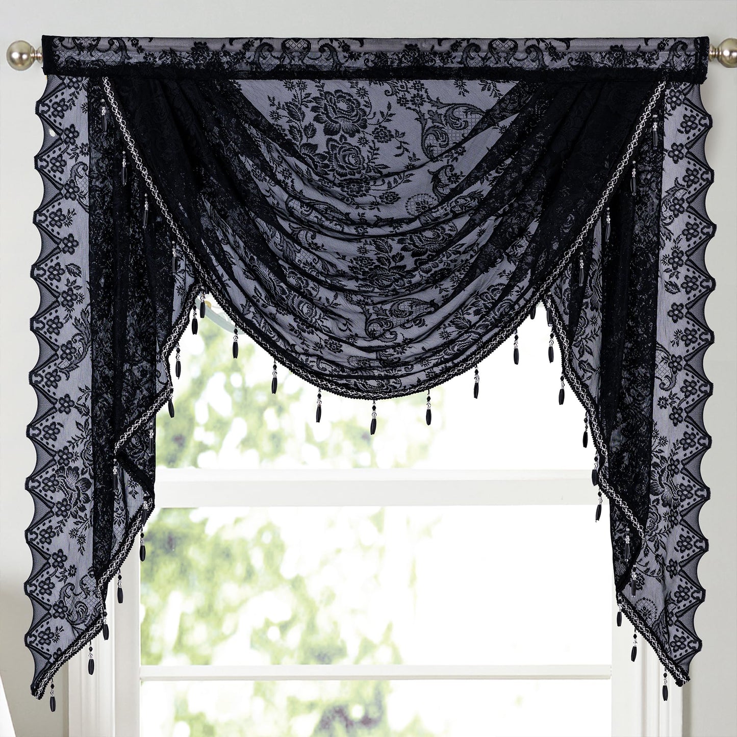 Huierxun Halloween Black Lace Waterfall Window Valance with Bead Tassels Floral Embroidered Valance Curtains Semi Sheer Rod Pocket Valance/Swags for Bedroom/Living Room/Kitchen/Basement(Black,39"x41")