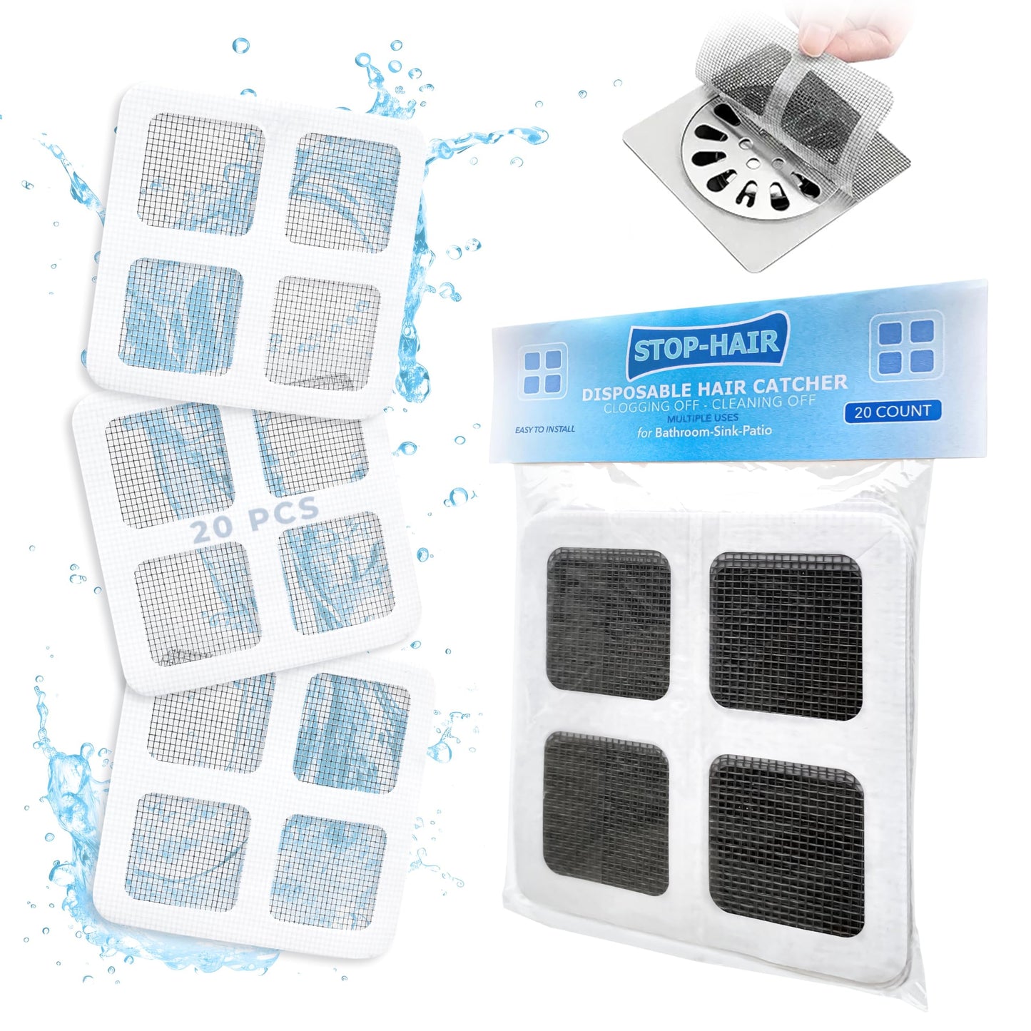 20 Pack Disposable Shower Drain Hair Catcher – 4" x 4" Mesh Drain Covers & Stickers, Filter Protector for Shower, Bathtub, Kitchen Sink & Laundry – Traps Human & Pet Hair