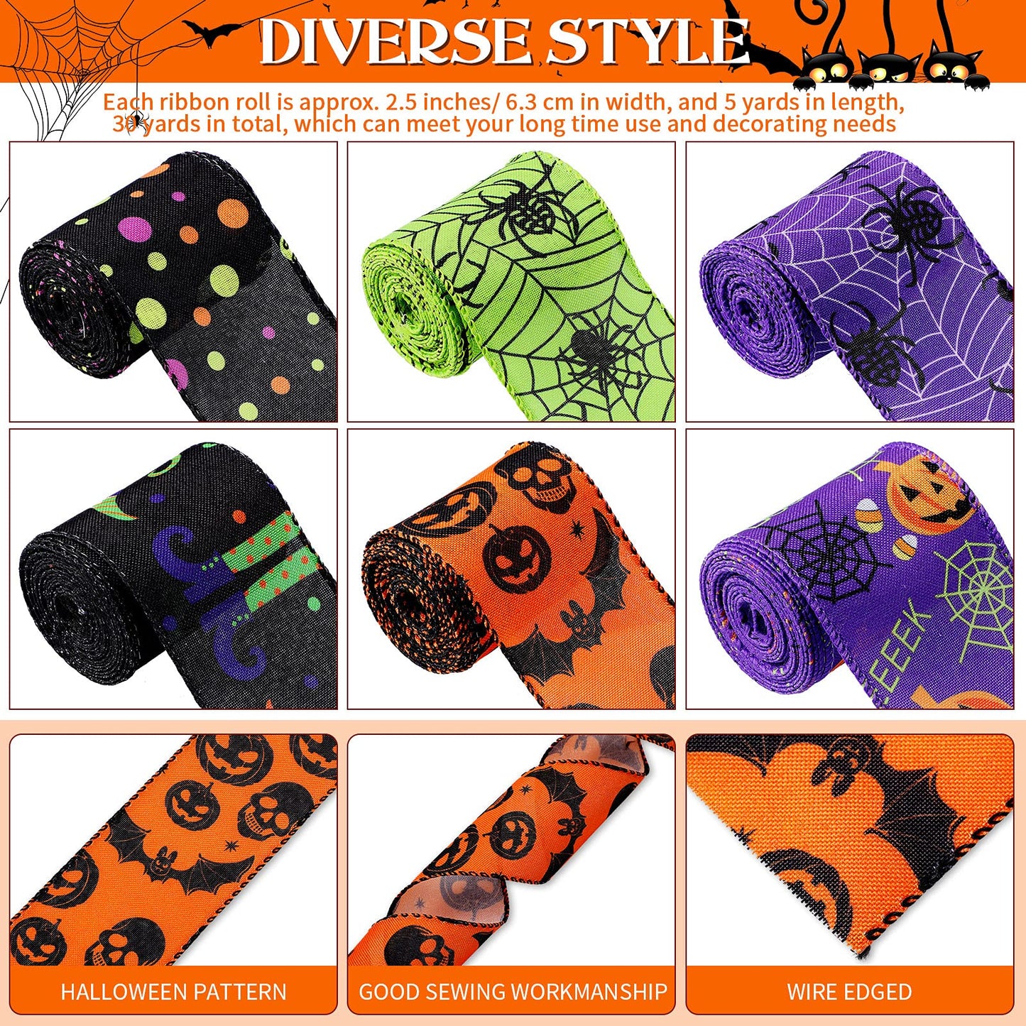 Chuangdi 6 Rolls 30 Yards Halloween Wired Edge Ribbons Bat Spider Web Printed Ribbon Halloween Witch Hat Skull Pumpkin Wired Edge Decoration for Wreaths DIY Crafts Gift Wrapping Supplies