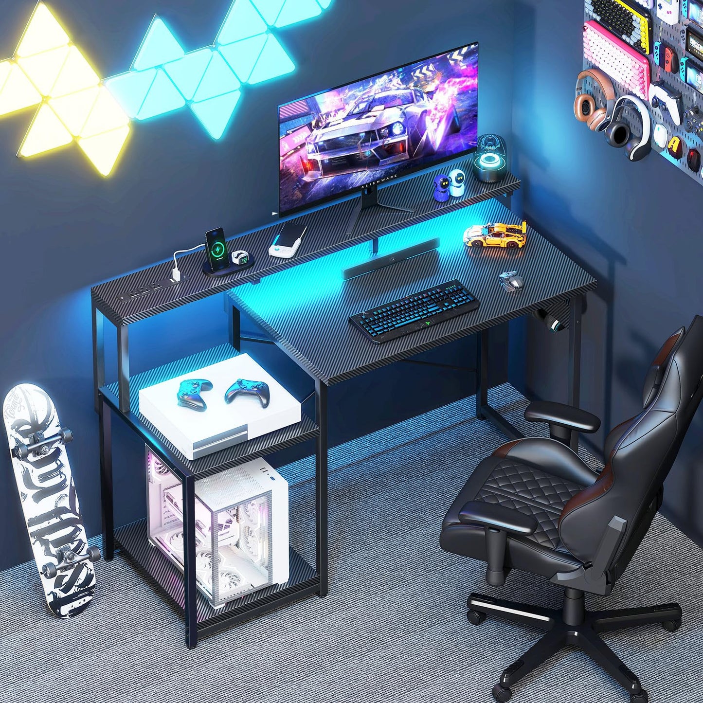 AODK Computer Desk, 48 Inch Gaming Desk with Led Lights & Power Outlet, Office Desk with Printer Storage Shelves, Reversible Desk with Monitor Shelf & Headphone Hook, Carbon Fiber Black