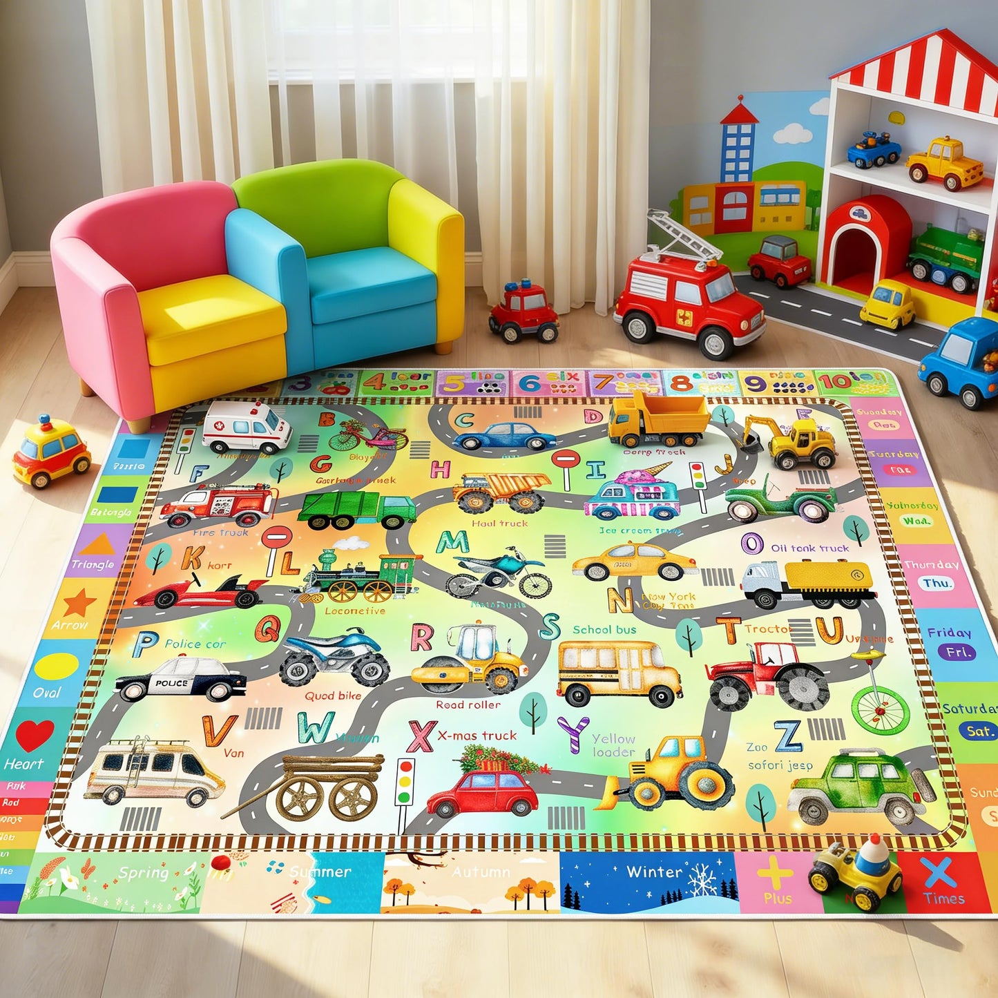 5'x7' ABC Rug for Kids Playroom, Classroom, Nursery, Daycare, Car Rug Play Mat for Children Toddler Girls Boys Bedroom, Educational Kids Carpet for Learning Alphabet, Numbers, Colors, Shapes