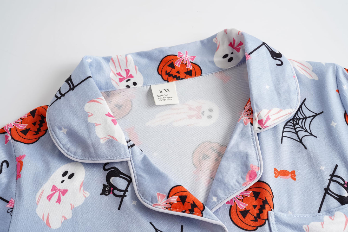 Vopmocld Girls Pajama Sets 3pcs Button Down Short Sleeve Long Pants With Shorts Sleepwear Cute Patterns Nighty For Teens Cute Lounge Sets, Bowknot Ghost, 16