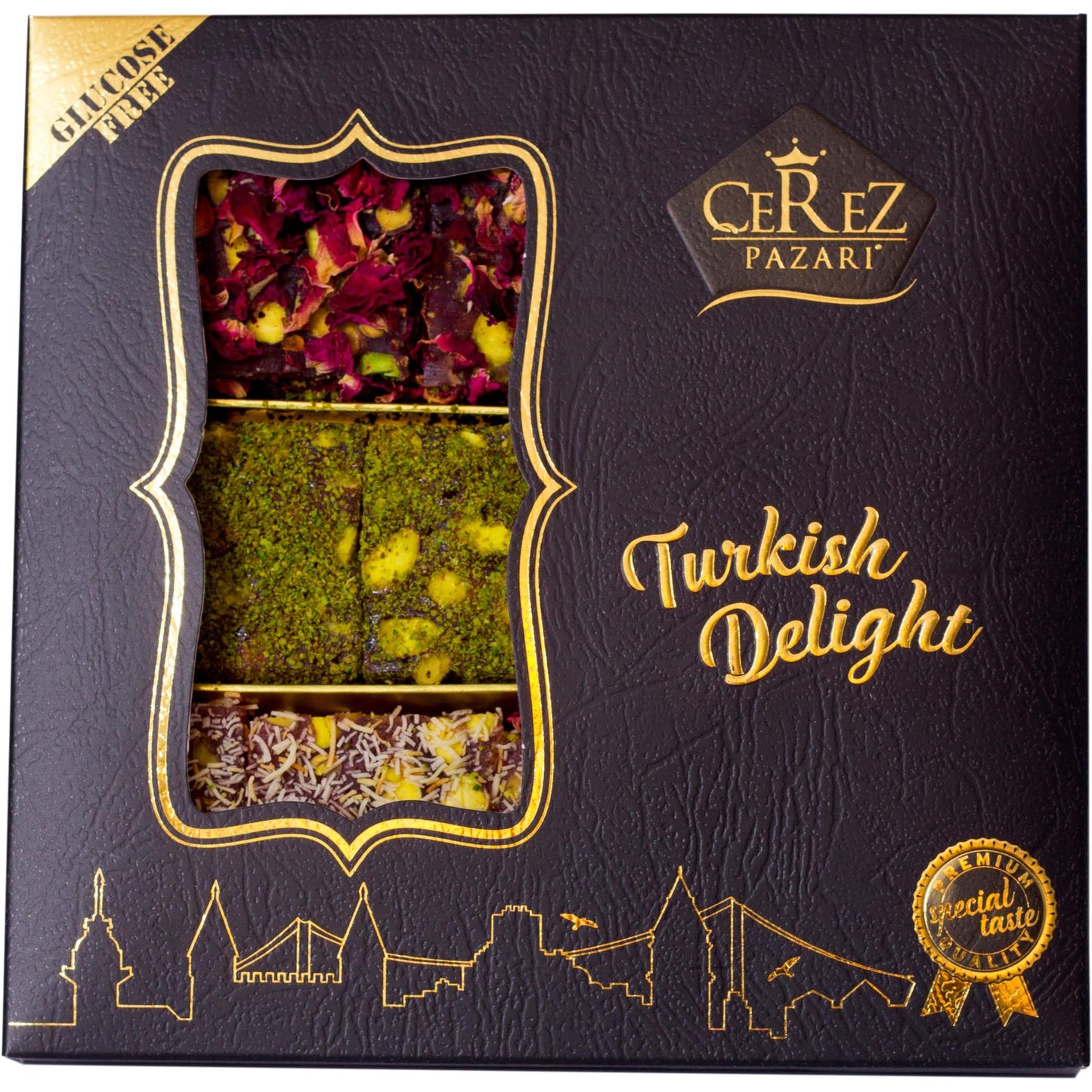 Cerez Pazari Turkish Delight Pistachio with Fantastic Rose & Pomegranate Flavour Experience in Luxury Gift Box 8.8 oz | Assorted Gourmet Soft Candy, Sweet Vegan Traditional Lokum (Loukoumi) (9-11 Pcs)