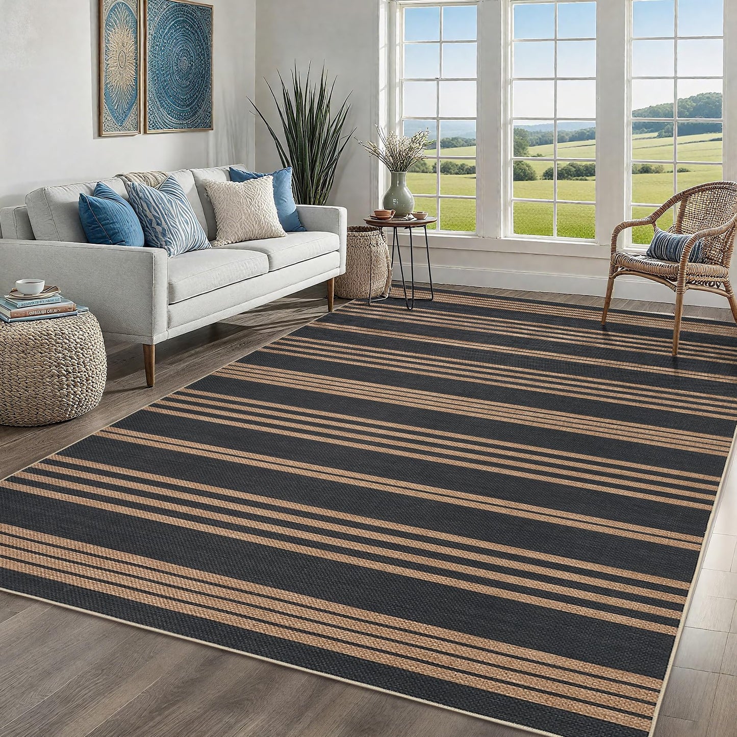 GAOMON 8x10 Outdoor Rug for Patio Easy Jute Rug for Living Room Classroom Office Modern Striped Bedroom Rugs Stain Resistant Indoor Outdoor Area Rug for Dining Room Balcony Black and Brown