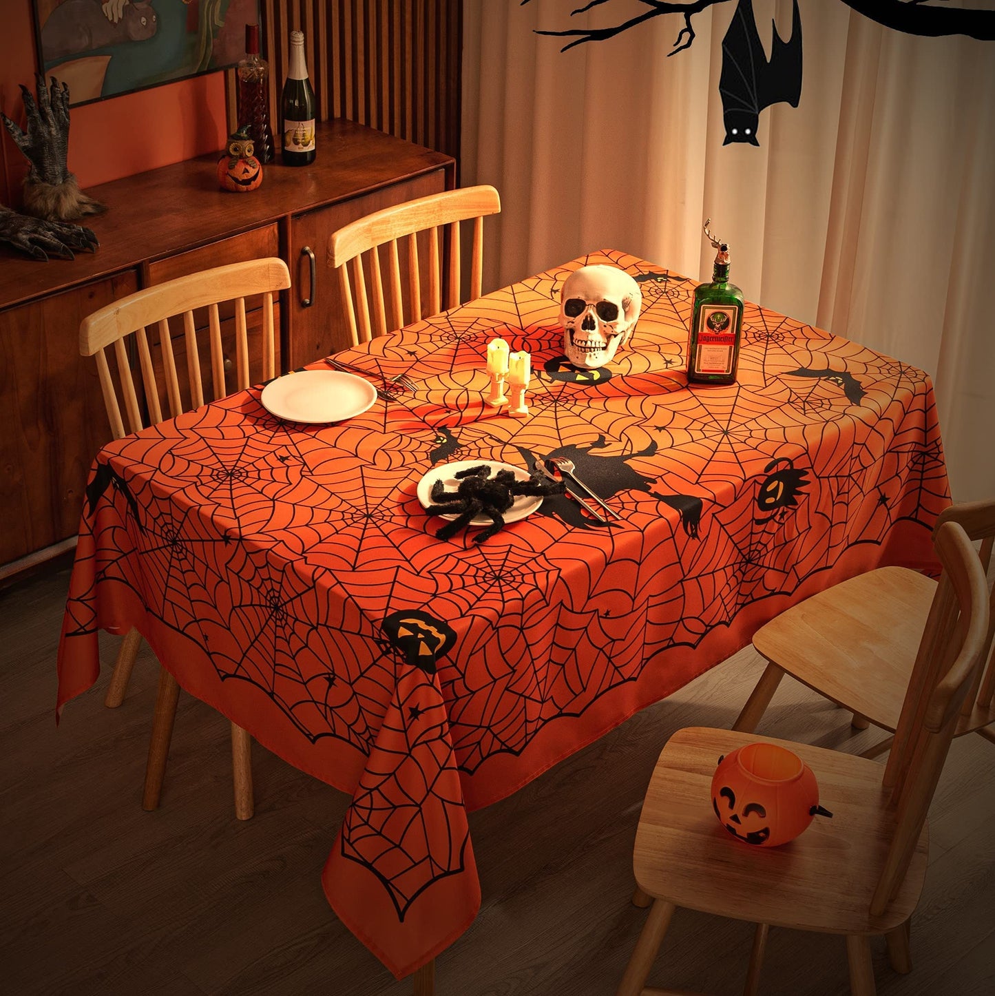 MikiUp Rectangle Halloween Tablecloth - Spider Web Decorative Holiday Table Cloth, Waterproof and Washable Table Cover for Party Kitchen Dining Room Indoor, Cobweb/Orange 60 x 84 Inch