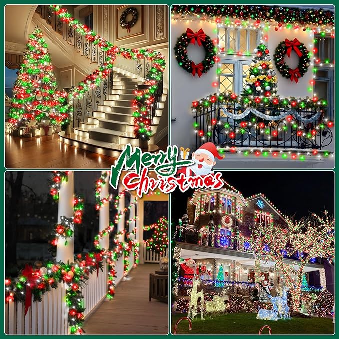 Heceltt Christmas Lights Outdoor, 125FT 350 LED String Lights 8 Modes and Timer Memory Function Twinkle Fairy Lights Waterproof Plug in for Xmas Tree Wedding Party Holiday Decor(Red Green and White)