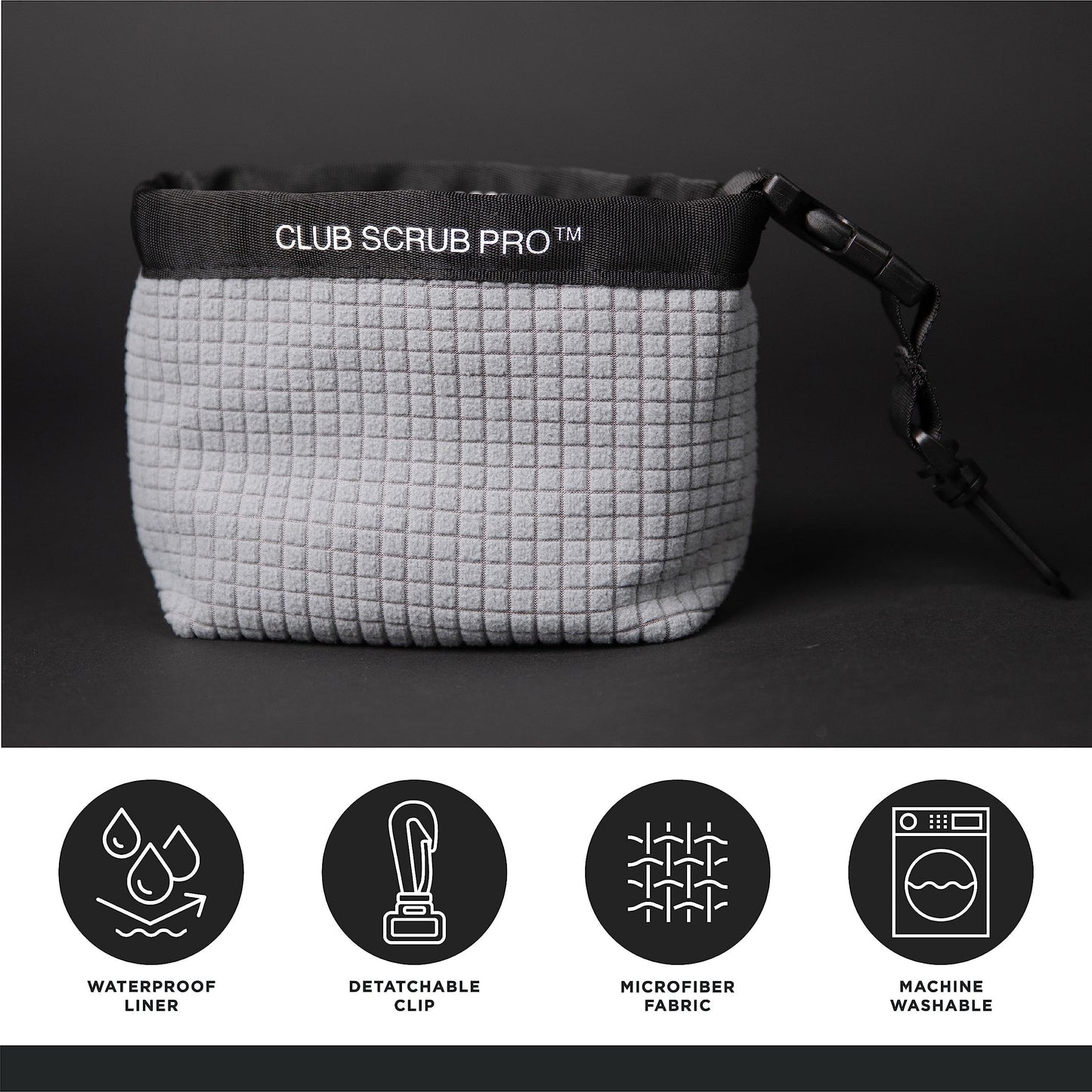 Club Scrub Golf Club and Golf Ball Cleaning Bag, Waterproof Clean Face Technology Liner, Perfectly Dry Microfiber Exterior, Detachable Clip, Machine Washable, Cleans Club Grooves, Gray Pro